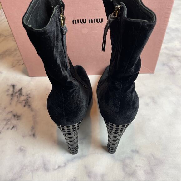 Miu Miu Black Velvet Crystal Embellished Ankle Boots Stiletto Heel Zip Booties - Picture 5 of 12